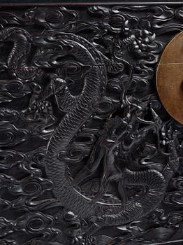 A massive 'five clawed dragon' hardwood storage chest, Qing dynasty, 19th century.