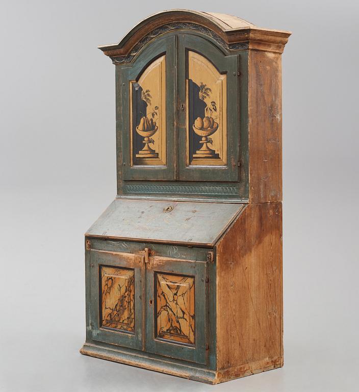 A polychrome-painted writing-cabinet attributed to J. Bäckström (1773-1837), dated 1828.