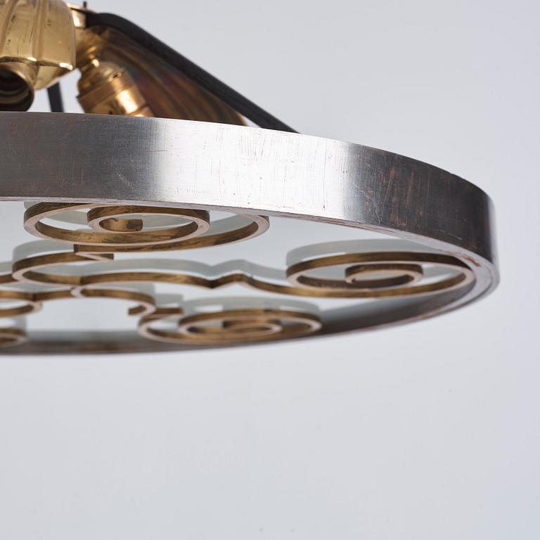 Lars Holmström, a Swedish Grace brass and steel framed ceiling light, Arvika 1920-30s.