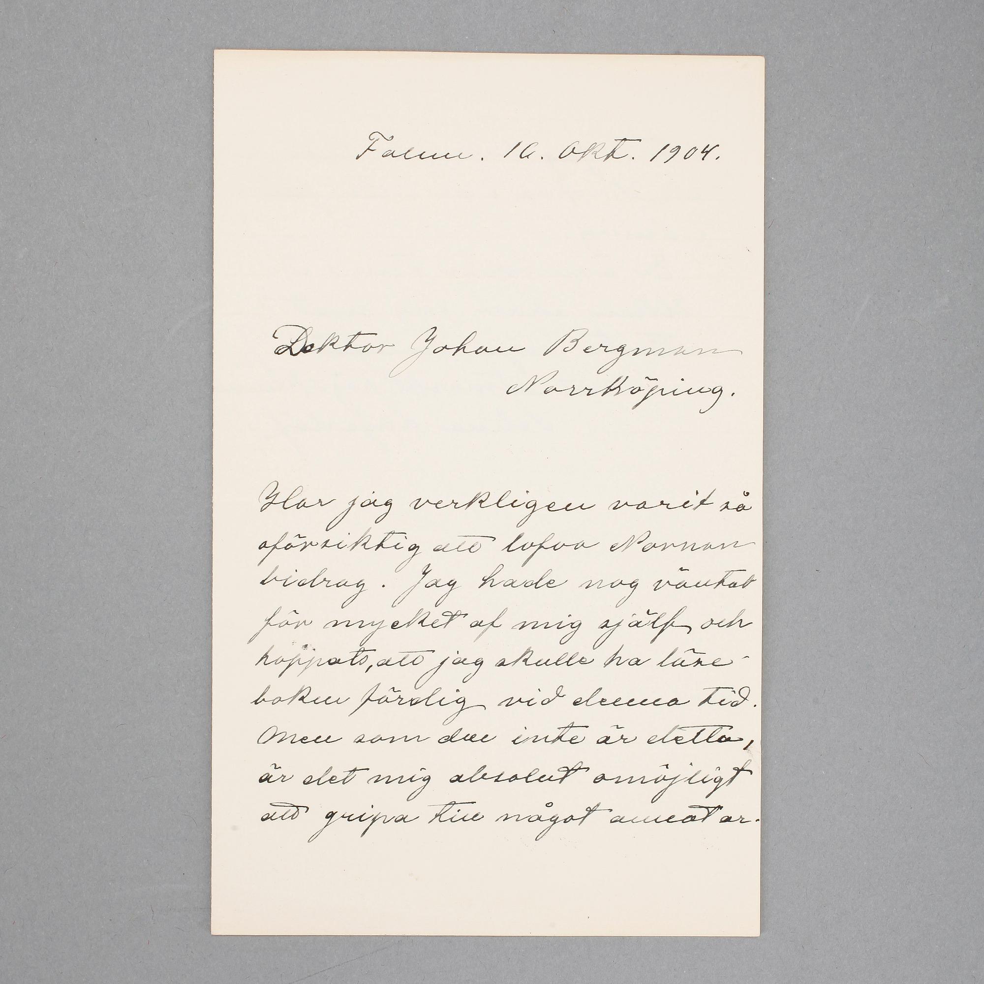 SELMA LAGERLÖF (1858-1940), egenhändigt brev med namnteckning, dat Falun 10 okt 1904.