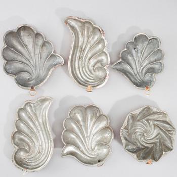BAKELSEFORMAR, 6 st, koppar, sekelskiftet 1800/1900.
