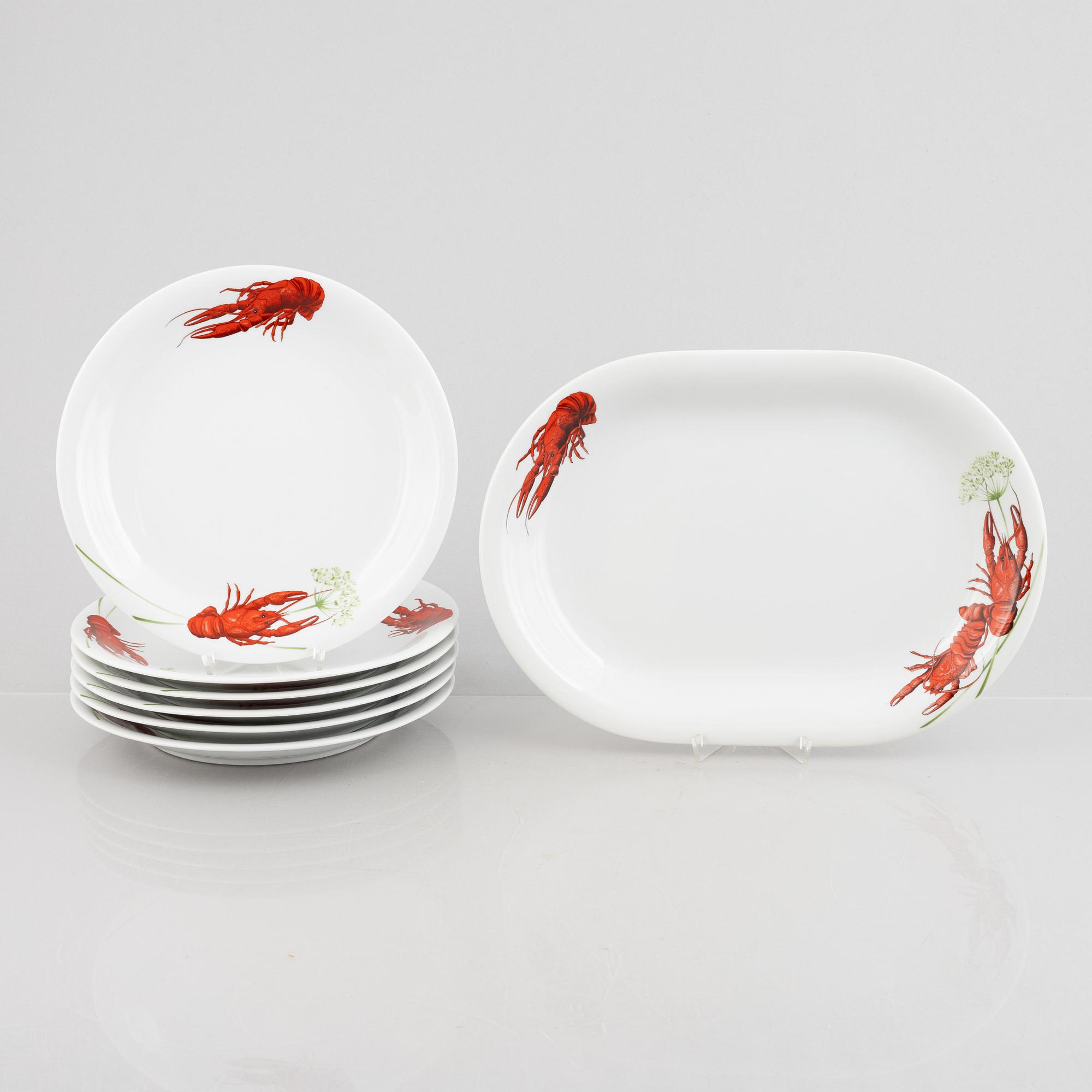 Six porcelain crayfish plates and a serving platter, Rörstrand, Sweden, late 20th century.