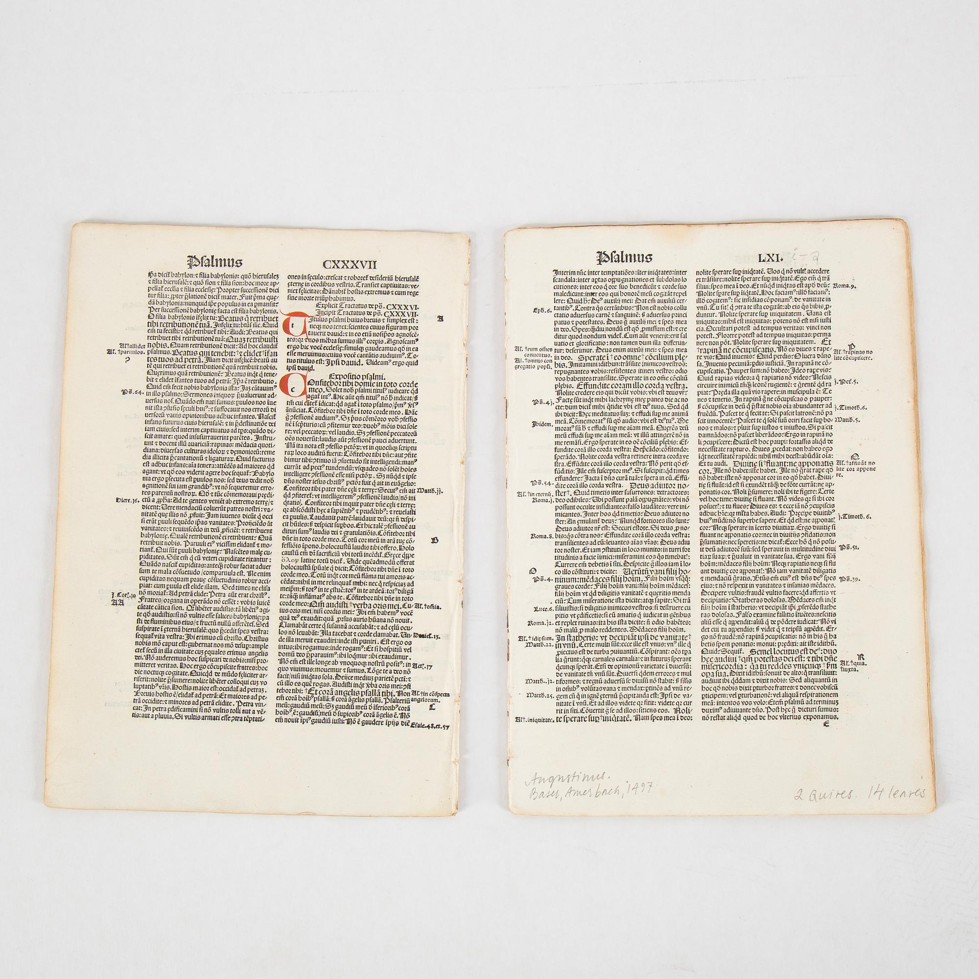 Blad ur schweiziska och tyska inkunabler samt tryckta blad, 1400-tal.