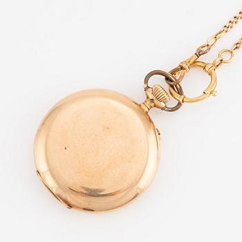 IWC, pocket watch 14K gold, chain in 18k gold, 49 mm.