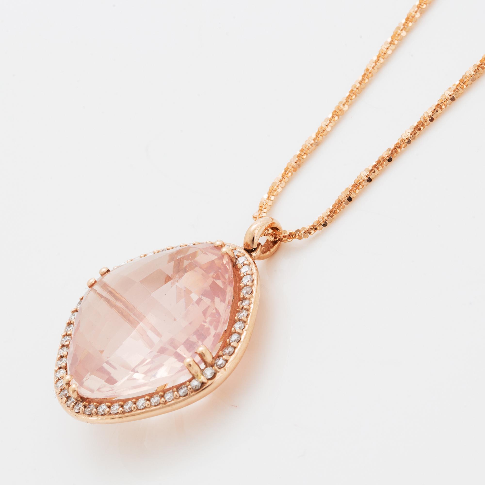 Checker-cut rose quartz and brilliant-cut diamond necklace.