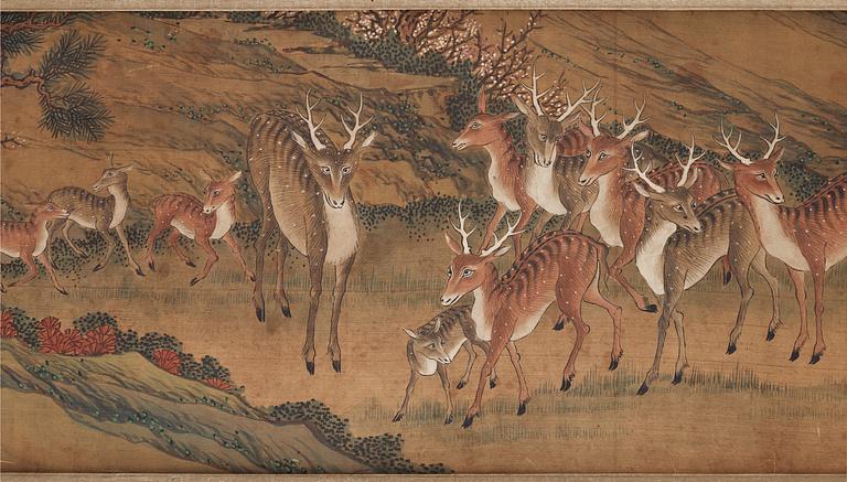 A hand scroll of 59 reindeers in a landscape, Qing dynasty.