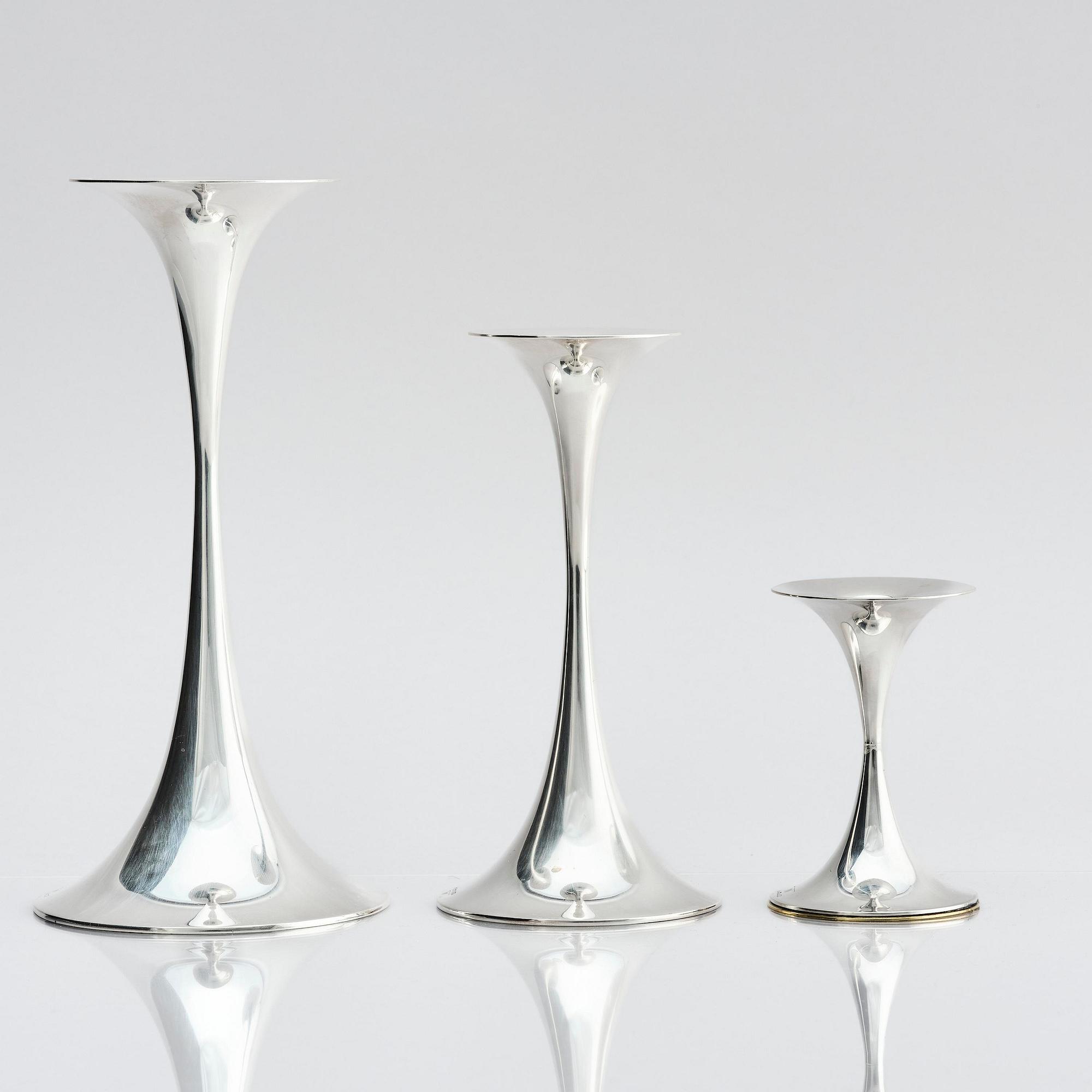 Tapio Wirkkala, three sterling silver 'Trumpetti' candlesticks, Kultakeskus, Hämeenlinna 1973.