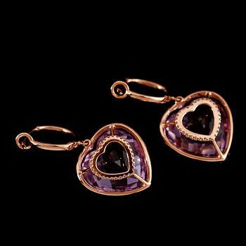 ÖRHÄNGEN, 1 par, 18 k roséguld, ametister totalt 16.29 ct, briljanter totalt 0.56 ct.