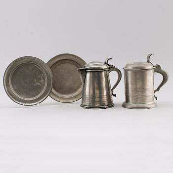STOP, KANNA samt TALLRIKAR, 2 st, tenn, 1800-talets första hälft.