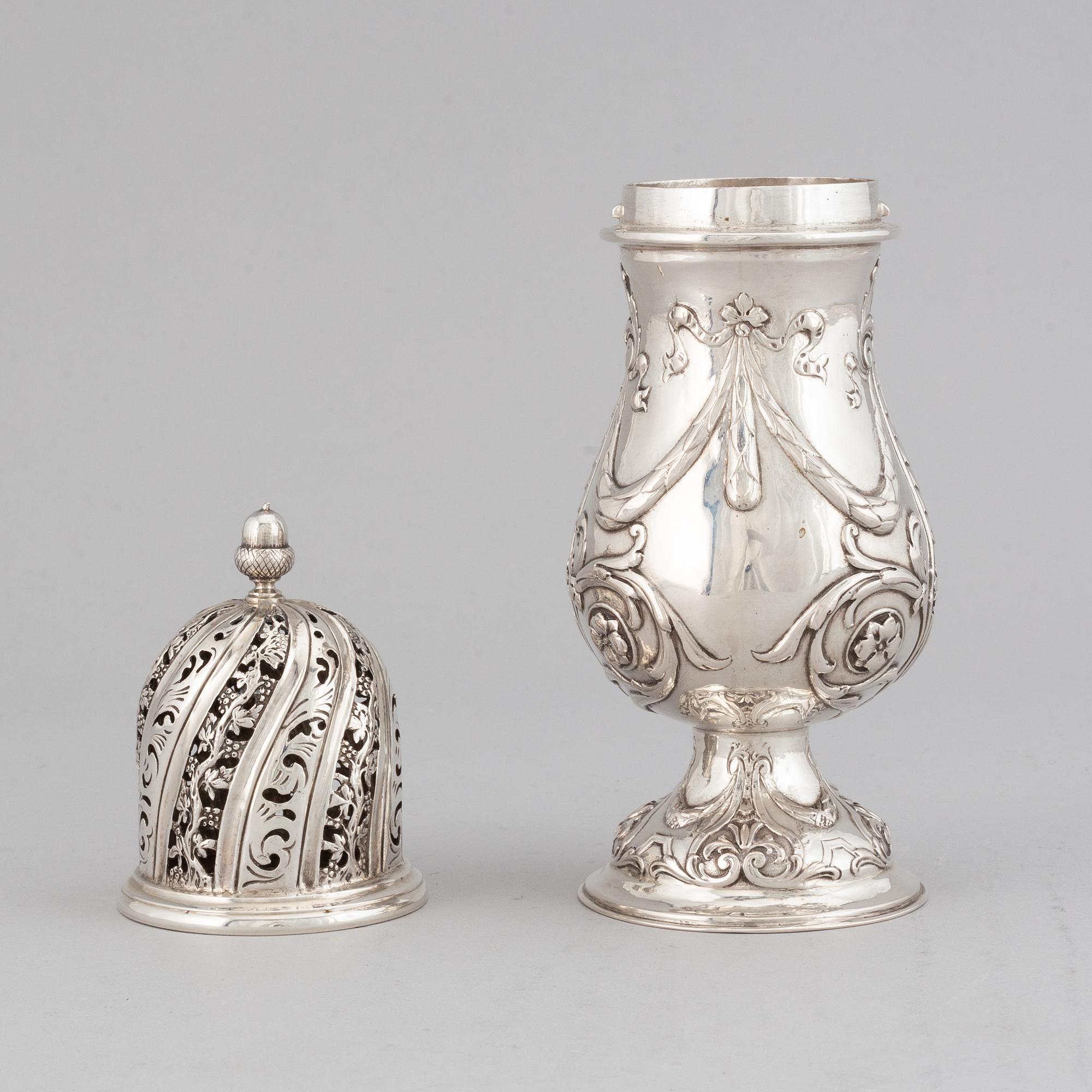 A French 19th/20th century silver sugar-caster. Rococo-style.