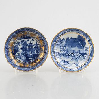 Three small porcelain plates and a cup with saucer, China, 18th century, and an English 19th century cup with saucer.