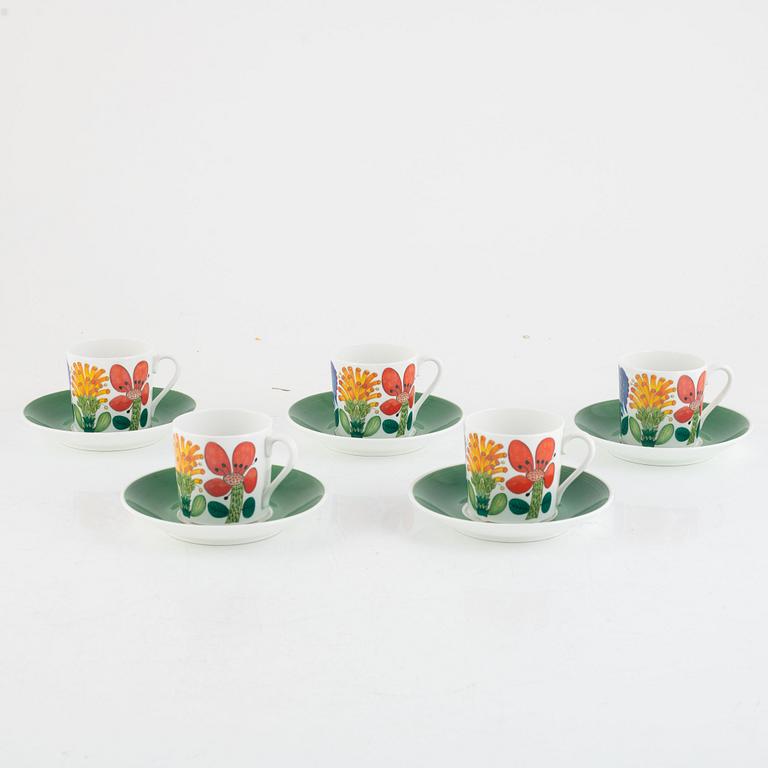 Stig Lindberg, five "Tahiti" bone china coffee cups with saucers, Gustavsberg, Sweden, 1970's.