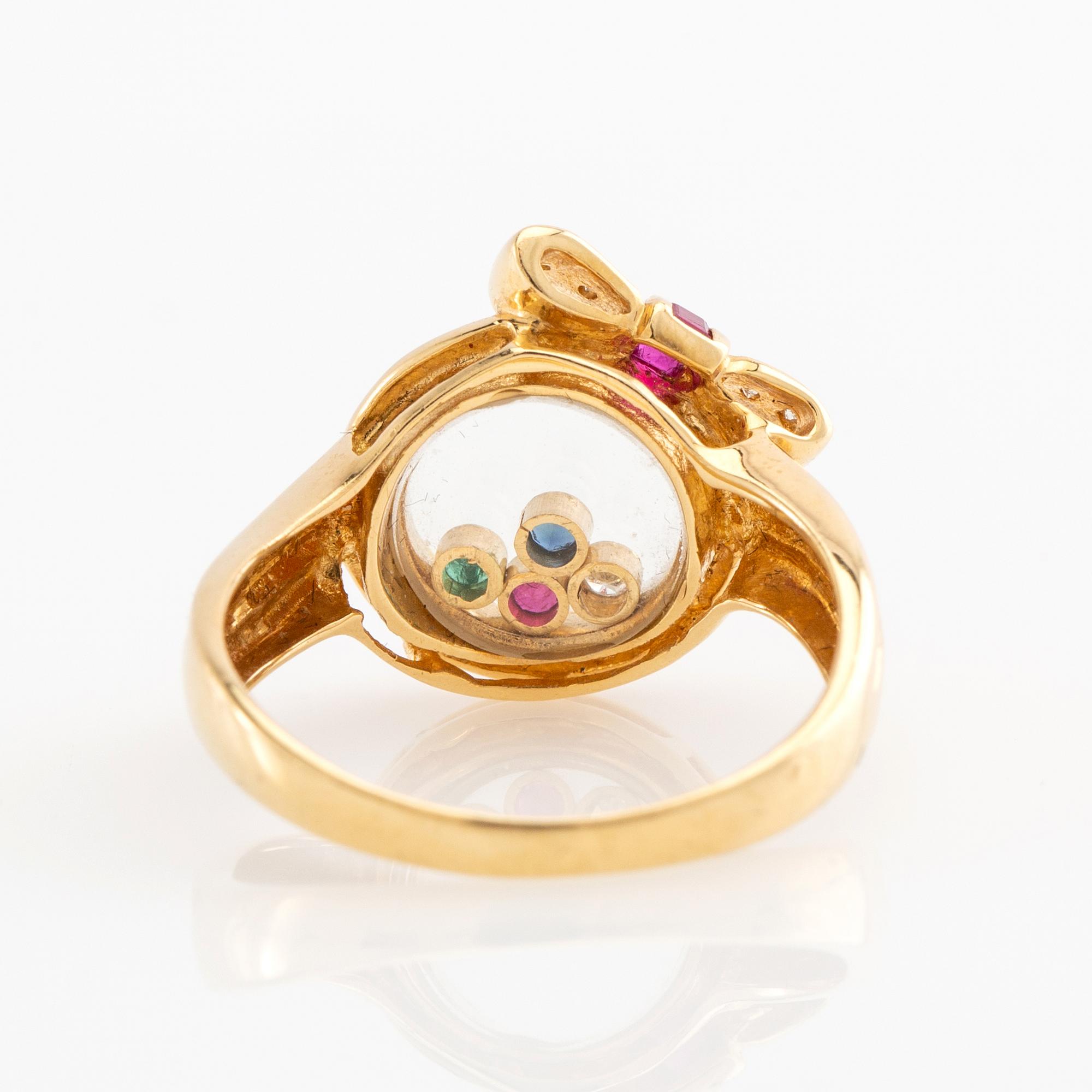 Ring, 18K gold with brilliant-cut diamonds, rubies, emerald, and sapphire.