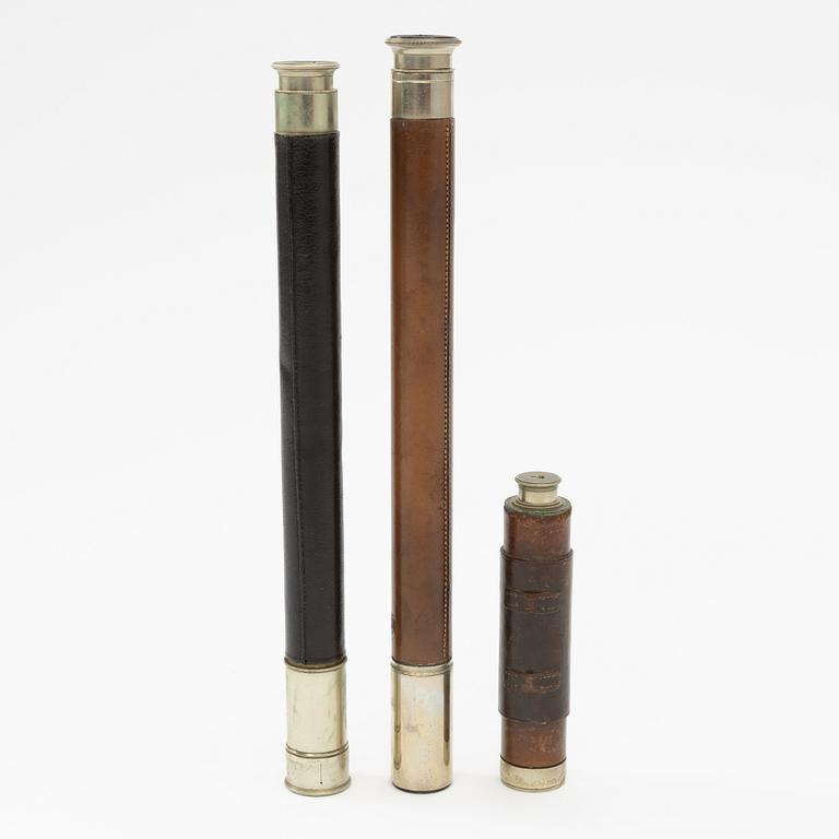 Three telescopes, English, by F Cox, Negretti & Zambra, and Hicks, 19th/20th century.