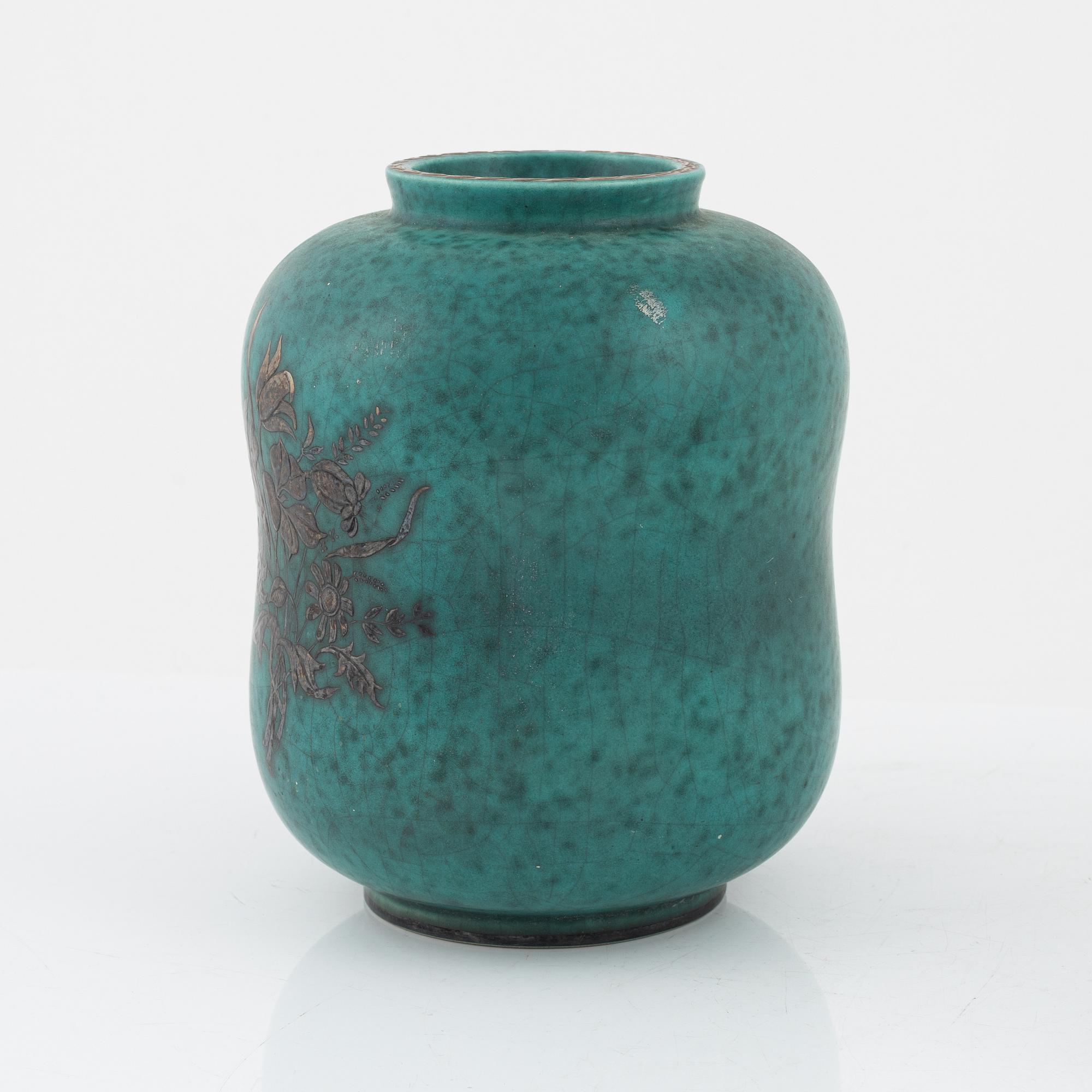 Wilhelm Kåge, vas, ask samt fat, stengods, "Argenta", Gustavsberg.