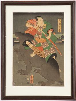 Utagawa Kunisada, "Yakusha-e" (Kabuki actor and a Giant rat).
