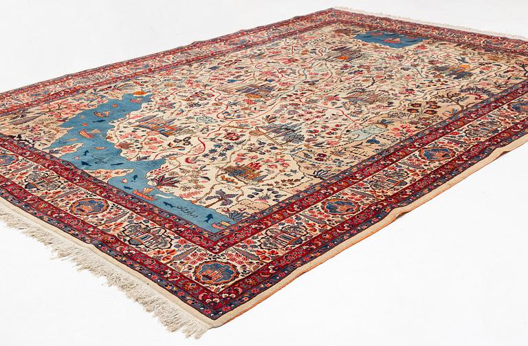 A carpet, semi-antique, Mashad, figural, ca 402 x 298 cm.