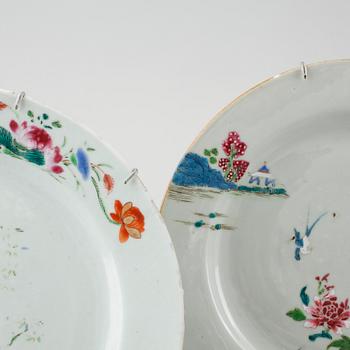 Five 18th century porcelain chinese dishes and one cup and saucer.