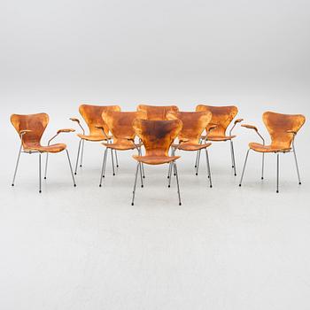 Arne Jacobsen, stolar, 8 st, "Sjuan", Fritz Hansen, Danmark, 1980-tal.