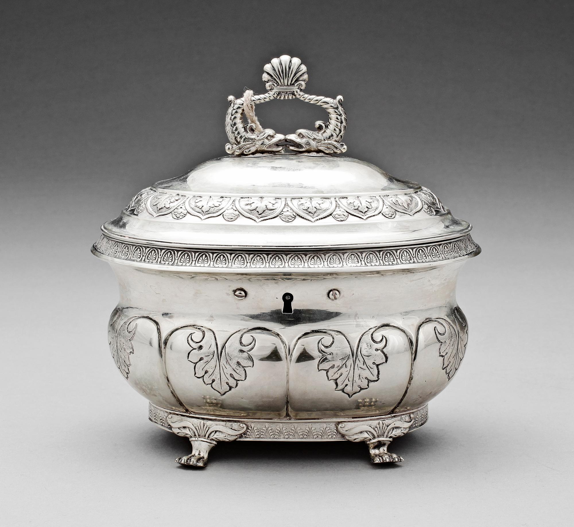 SOCKERSKRIN, silver, senempire, Carl Johan Forsberg, Skellefteå 1846. Vikt ca 600 gram.