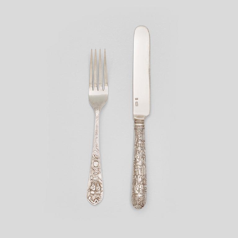 A set of 12+11 silver knifes and forks, Wang Chung, Hong Kong, China, late 19th century.