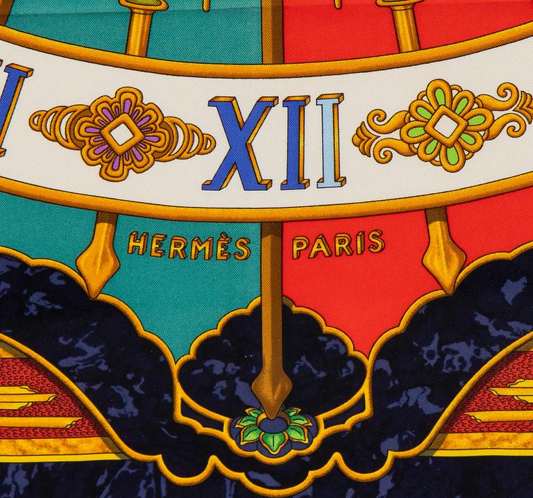 Hermès, a framed 'Carpe Diem' silk scarf.