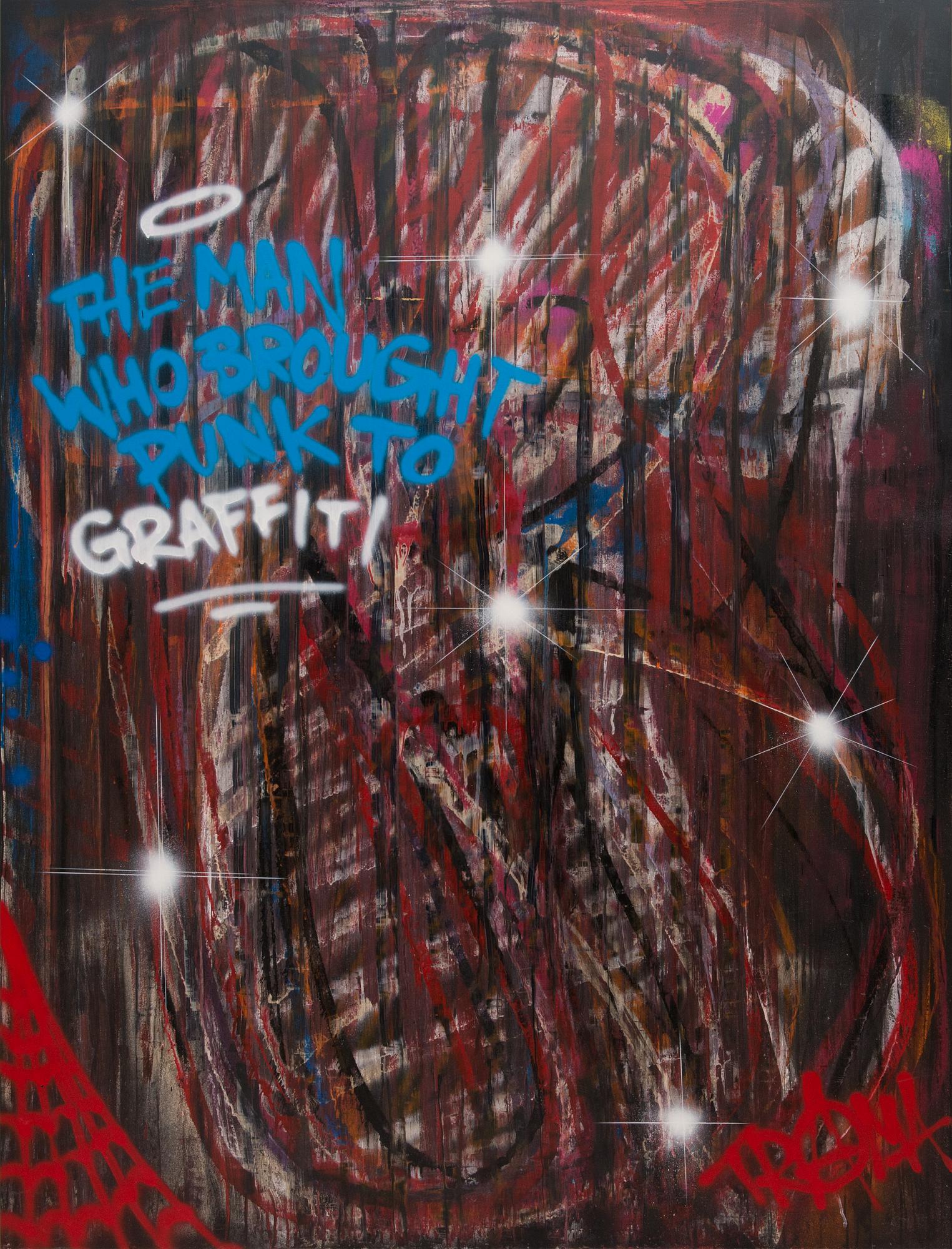 Trama, sekatekniikka ja spraymaali levylle, a tergo signeerattu ja päivätty -19.