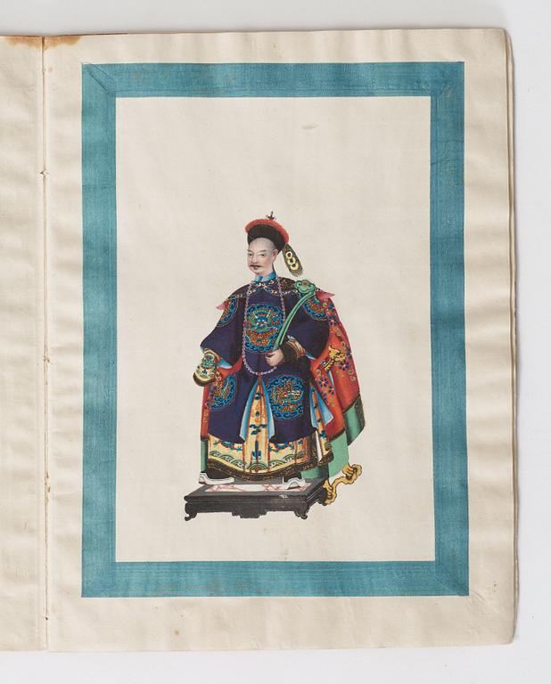 A Sunqua album of 10 export gouaches on paper, portraying the Chinese court, Qing dynasty, late 19th Century.