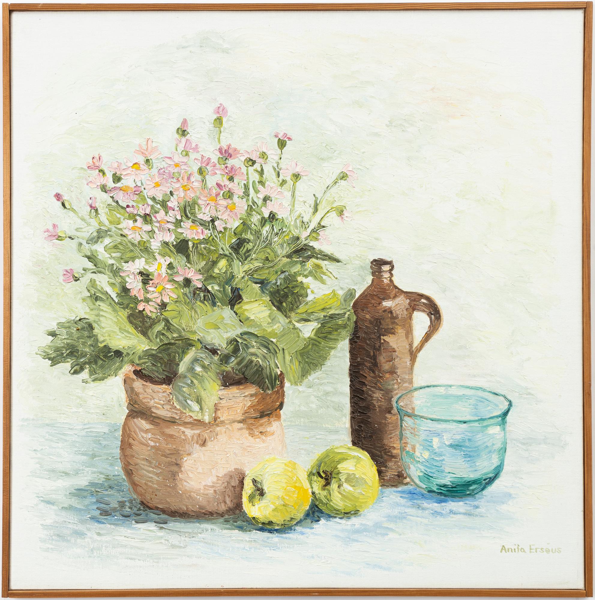 Anita Erséus, Still life with apples, flowers, bottle, and bowl.