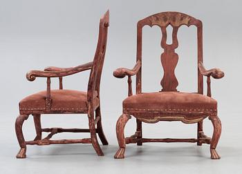 A pair of Swedish late Baroque 18th century armchairs.