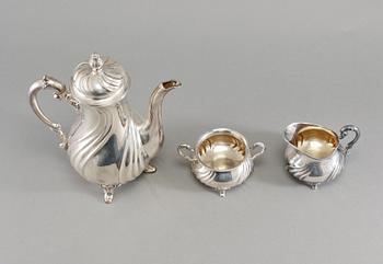 KAFFESERVIS, 3 delar, silver, rokokostil, Gottlieb Kurz, Tyskland, 1900-talets början, vikt 899 gram.