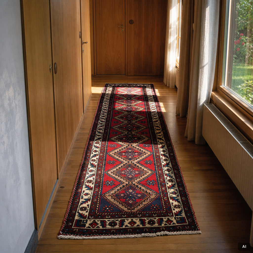 An oriental runner, c. 395 x 100 cm.