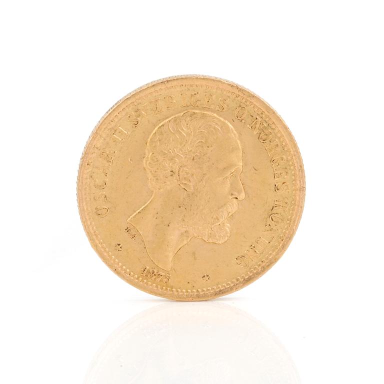 GULDMYNT, 20 kronor, Oscar II av Sverige och Norge, 1875. Vikt 9 gram.