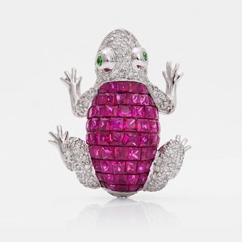 BROOCH in the shape of a frog, set with rubies, diamonds and probably tsavorite garnets.