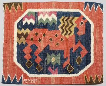 A textile by Märta Måås Fjetterström, signed AB MMF, ca 39 x 40 cm.