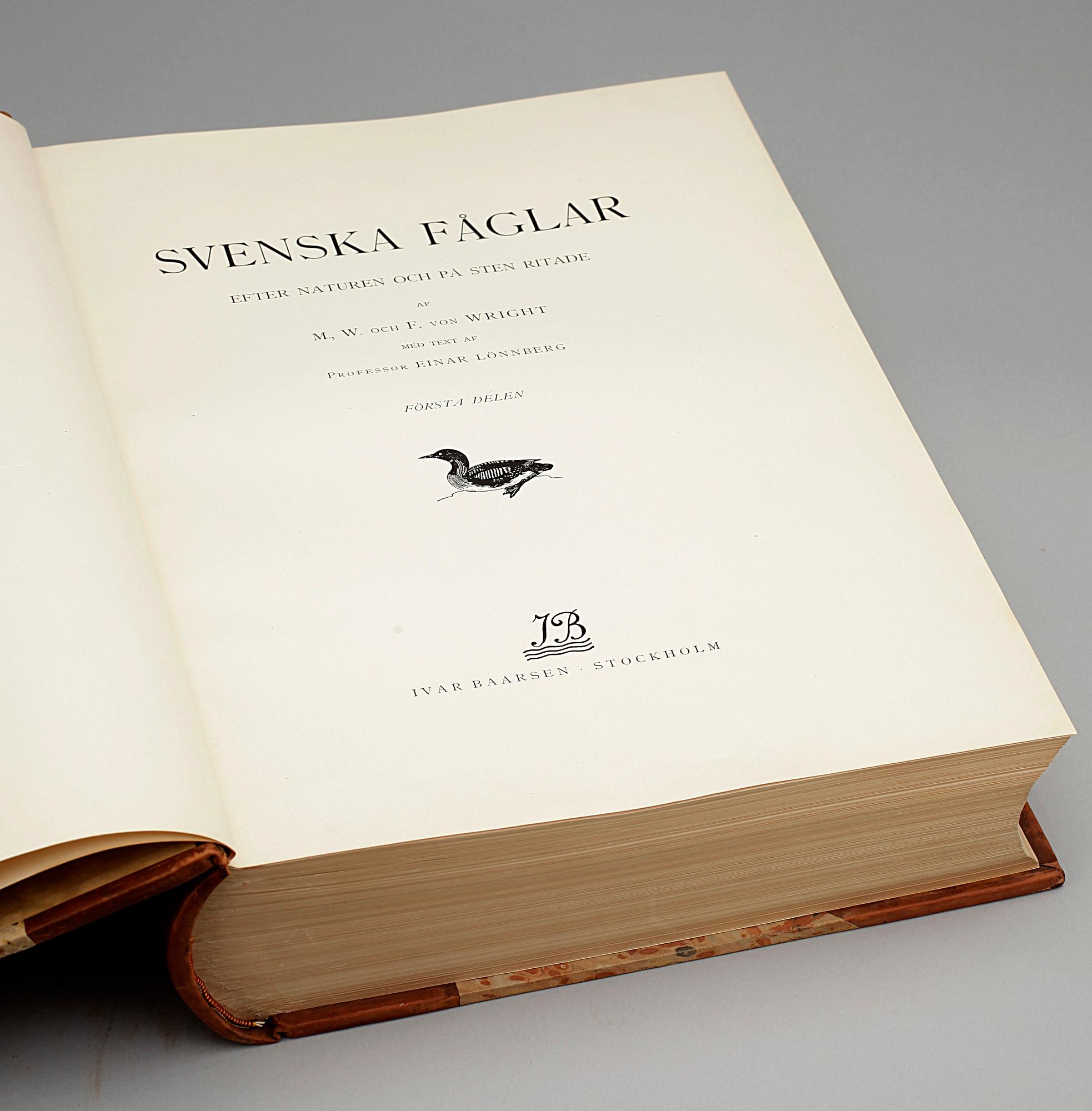 BOK, "Svenska Fåglar" av M, W o F. von Wright, Stockholm 1924. Första delen.