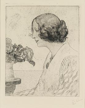 CARL LARSSON, etsning, signerad C.L. med blyerts. Utförd 1911. Etat 2. Sällsynt. "Anna Stina (Fru Alkman, f. Rydell)".