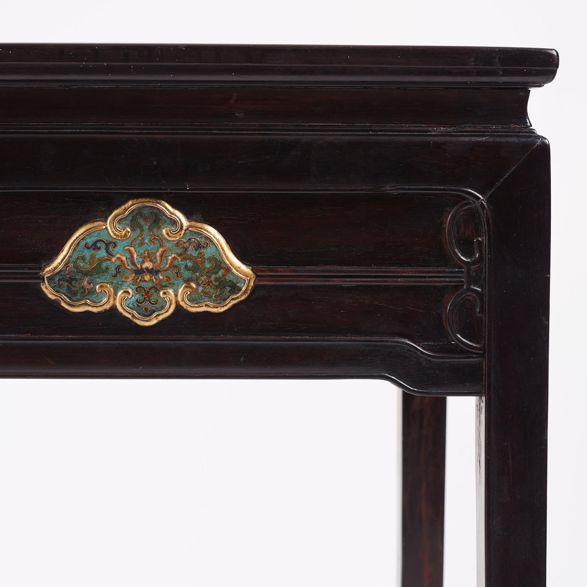 A Chinese zitan altar table with cloisonné placques, Qing dynasty, Qianlong period (1736-1795).