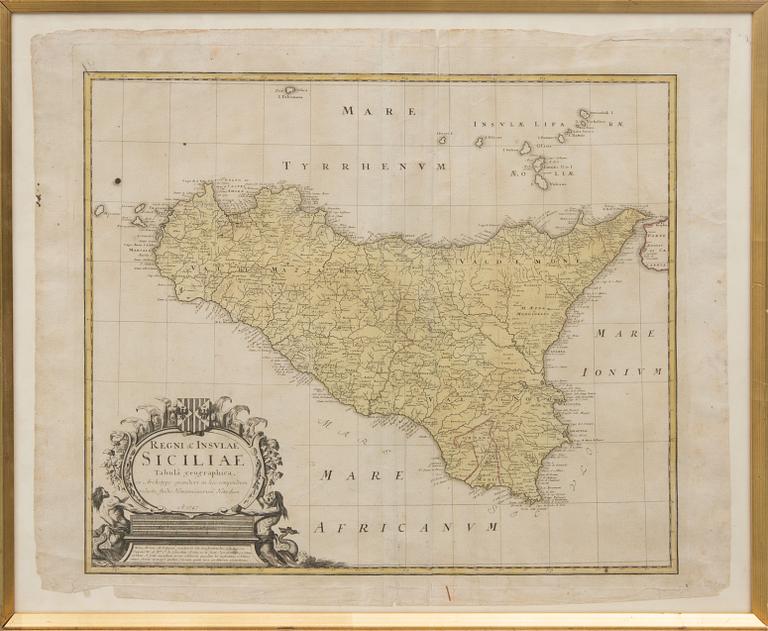 KARTA, kolorerad, "Regni & Insulae Siciliae" Nürmberg 1747.