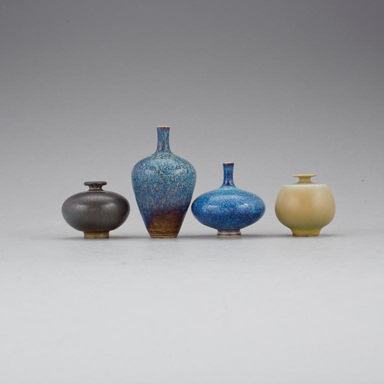 MINIATYRVASER, 4 st, stengods. Berndt Friberg, Gustavsberg, 1960-/70-tal.