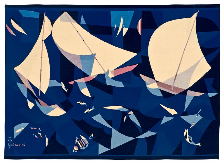 VÄVD TAPET. "Regatta". 116 x 160,5 cm. Signerad TMP GYNNING (Portalegre, Portugal, Lars G.).