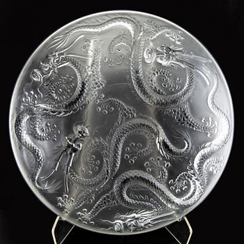 A unmarked Bohemian glass dish with a five clawed dragon, 20th Century.