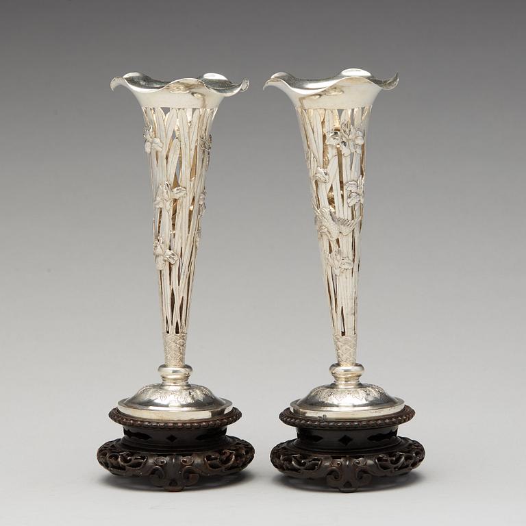 A pair of export silver vases by Luen Wo, Shanghai, early 20th Century.