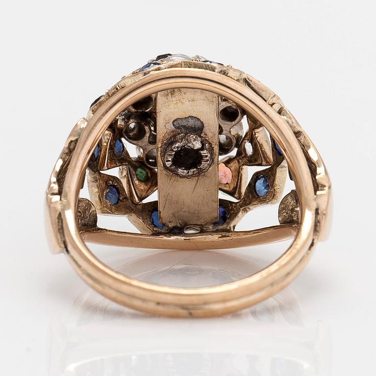 A ca. 12K gold ring with gemstones and seed pearl.