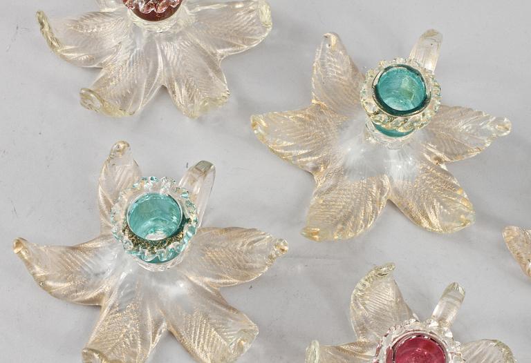LJUSSTAKAR, 7 st, glas, Murano, omkring 1900-talets mitt.