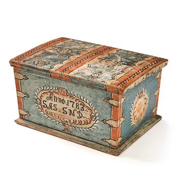 85. A Swedish painted bride's chest from Halland / Småland, dated 1783.