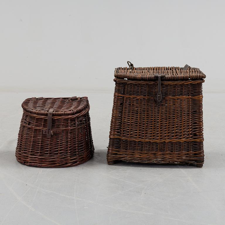 TWO WICKER FISHING BASKETS, late 19th century.