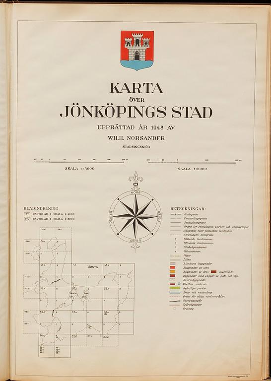 KARTA ÖVER JÖNKÖPINGS STAD UPPRÄTTAD ÅR 1948. AV Wilh. Norsander Stadsingeniör. 1949.