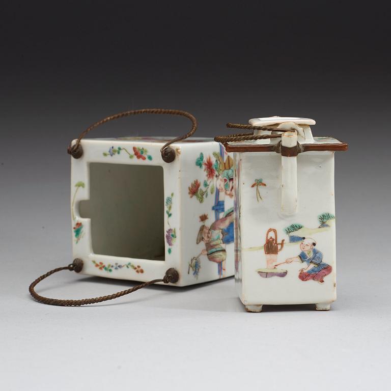 A teapot with cover and separate warmer, decorated with figures and flowers, Qing Dynasty, 19th Century.