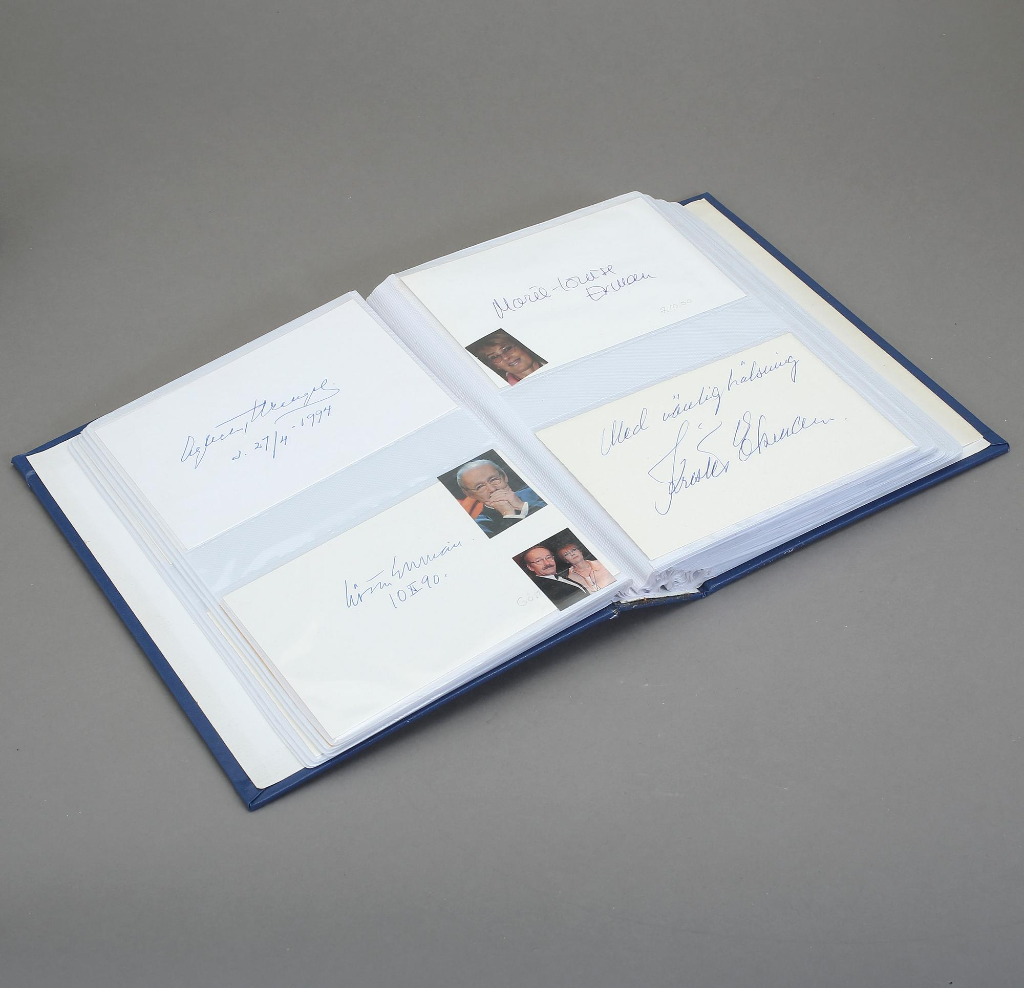 SKÅDESPELARAUTOGRAFER I ALBUM, 36 st, bla George Fant, Bibi Andersson, Harriet Andersson, Eva Henning.